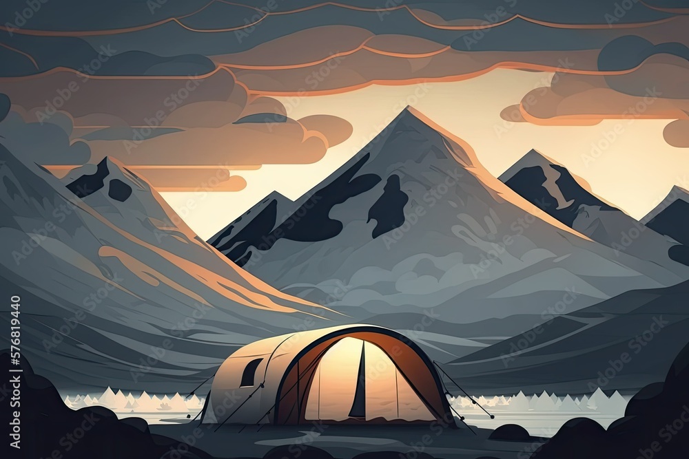 Vacationers tent in the Norwegian Alps at Dawn. Generative AI