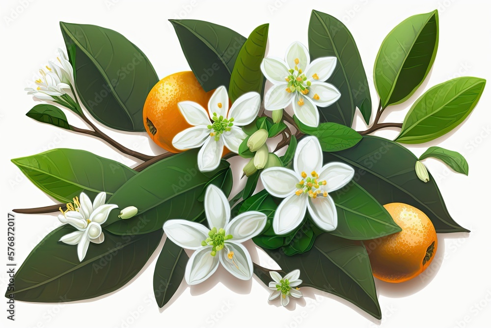 Flowers, buds, and leaves of a Neroli blossom, all white against a white background. Fruiting citrus