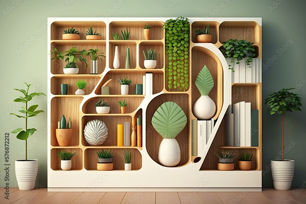 Wooden bookshelf, vertical garden storage shelving, eco friendly white interior design, room backdro