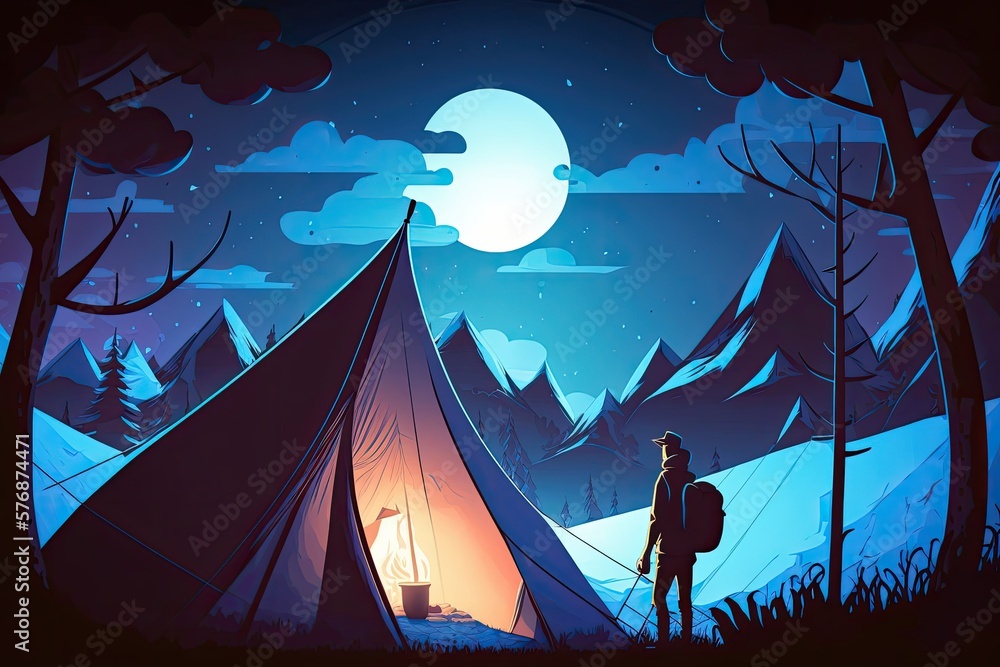 At dusk, the sky above a camping tent becomes illuminated. Travel in the Great Outdoors through Tent
