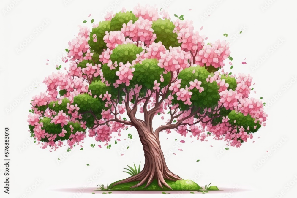 Cherry blossom tree with a pink flower on a white background. Generative AI