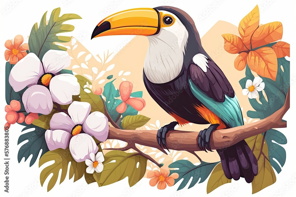 A toucan, a bird of exotic origin, perches on a branch among colorful tropical blossoms. Iconic spec
