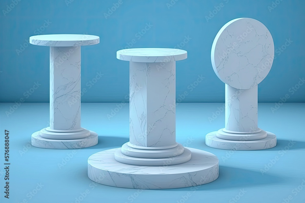 Podiums. Circular white presentation podiums, ideal for making a good impression. Elevated statue of