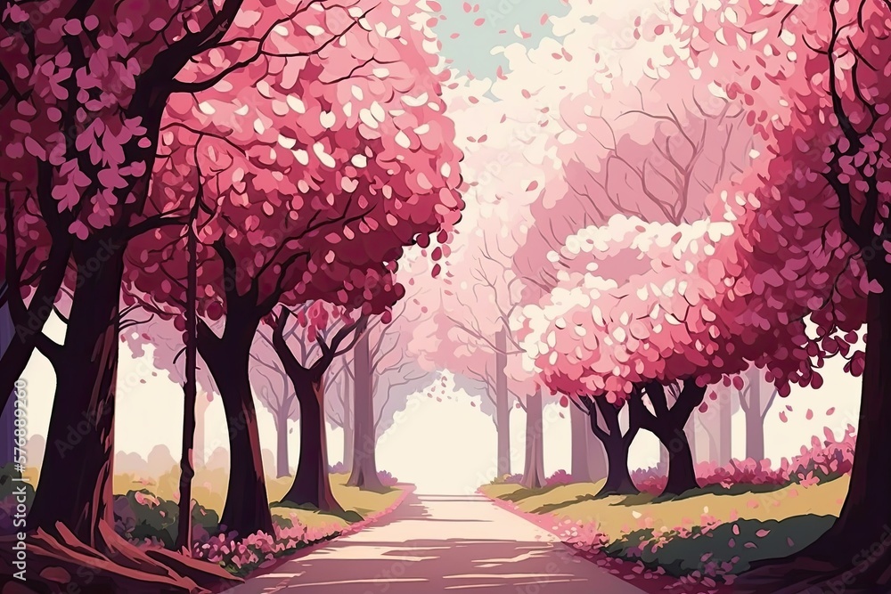 The picturesque avenue of pink flowering trees. Generative AI
