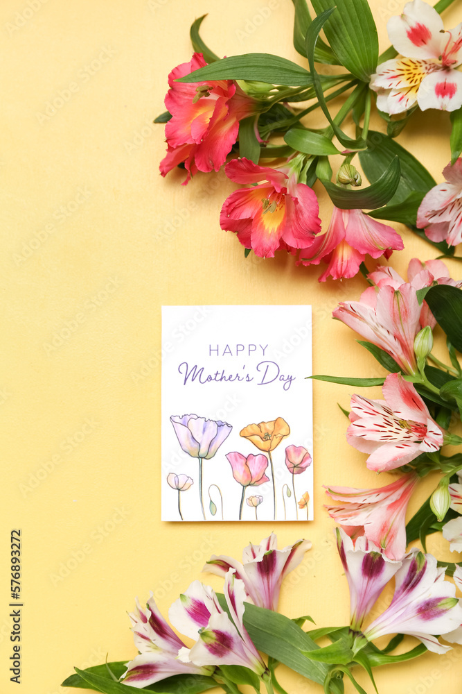 Card with text HAPPY MOTHERS DAY and beautiful alstroemeria flowers on color background