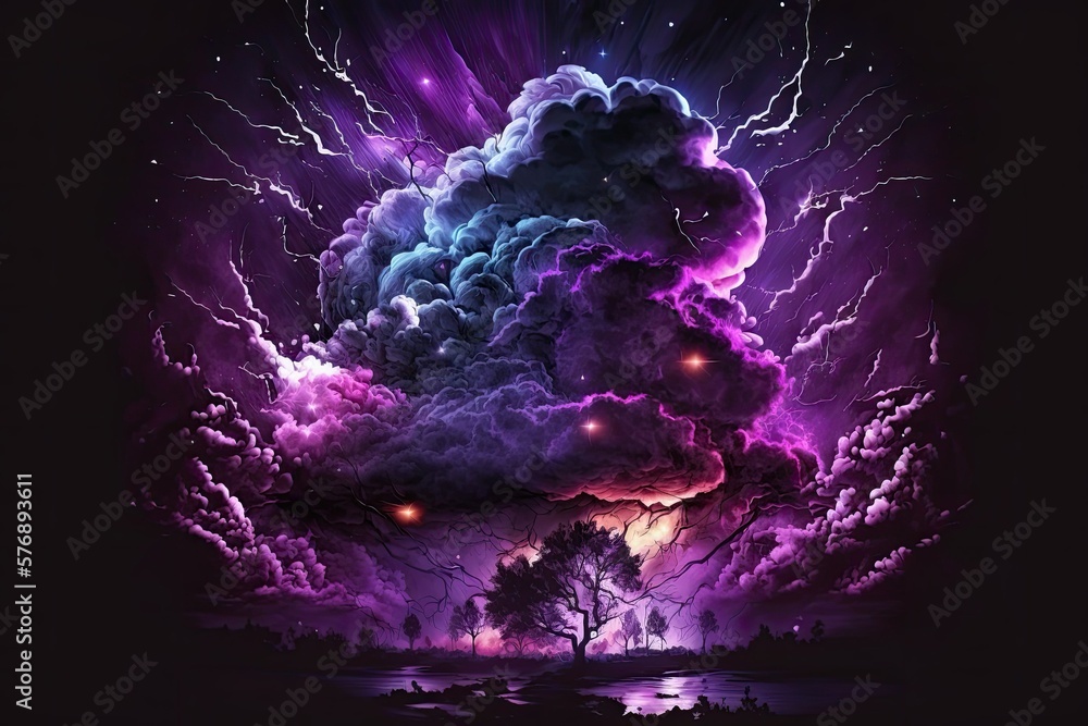 dark and mysterious purple clouds rolling in with flashes of lightning. Generative AI