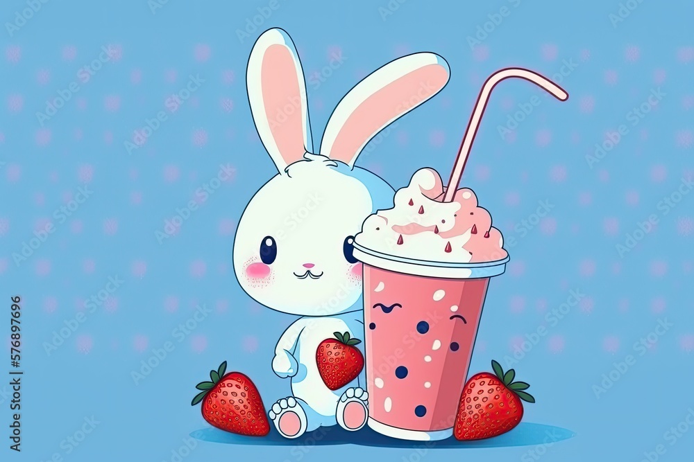 Cartoon bunny drinking strawberry milk on a pink background; can be used as a seamless pattern. Illu
