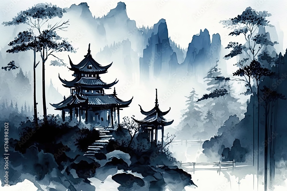 Painting of a landscape in blue Chinese ink, Landscape paintings typically done in watercolor and in