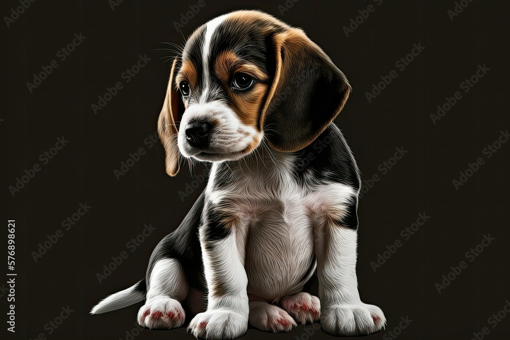 On a black background, a photograph of a sweet little beagle puppy or baby. Visual art such as paint