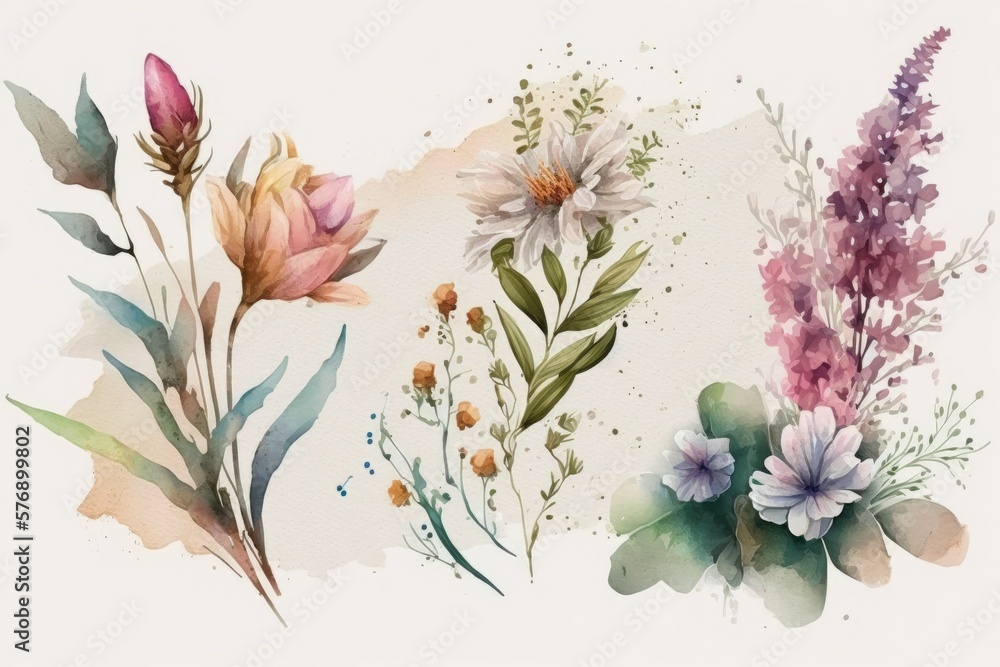 Flowers on a white backdrop, illustrated in watercolor. Generative AI