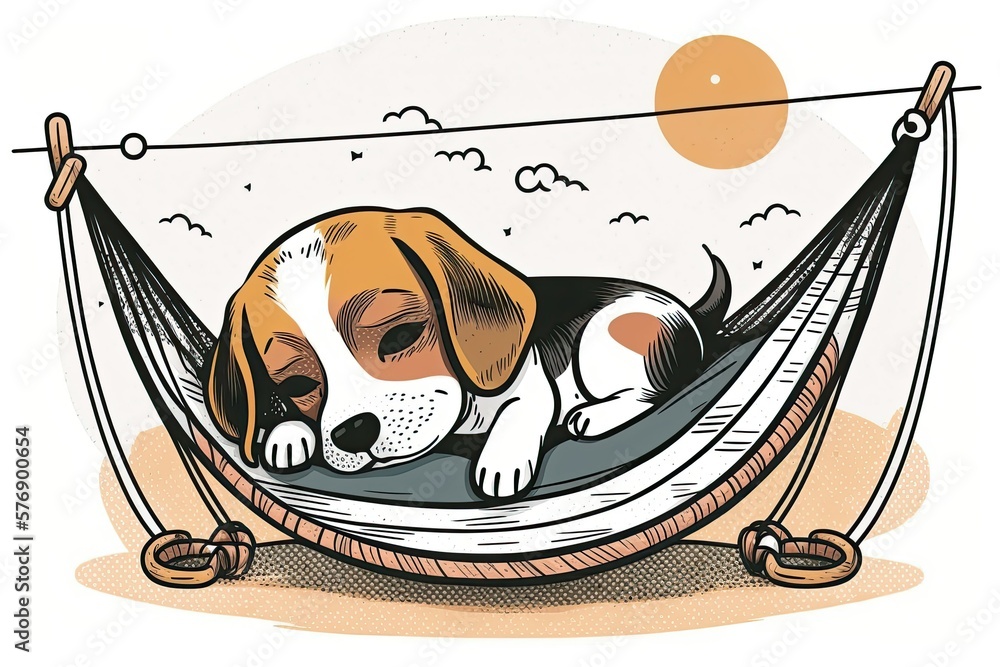 A tiny beagle puppy dozing off in a hammock. Generative AI