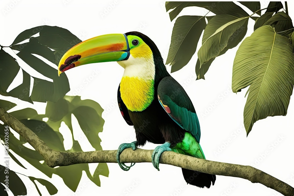 Photograph shows a Keel billed Toucan (Ramphastus sulfuratus) sitting on a branch in a tropical fore