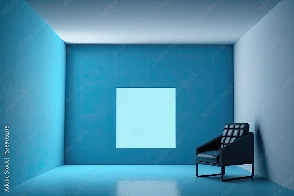 An empty blue wall serves as the backdrop for an armchair within. Generative AI