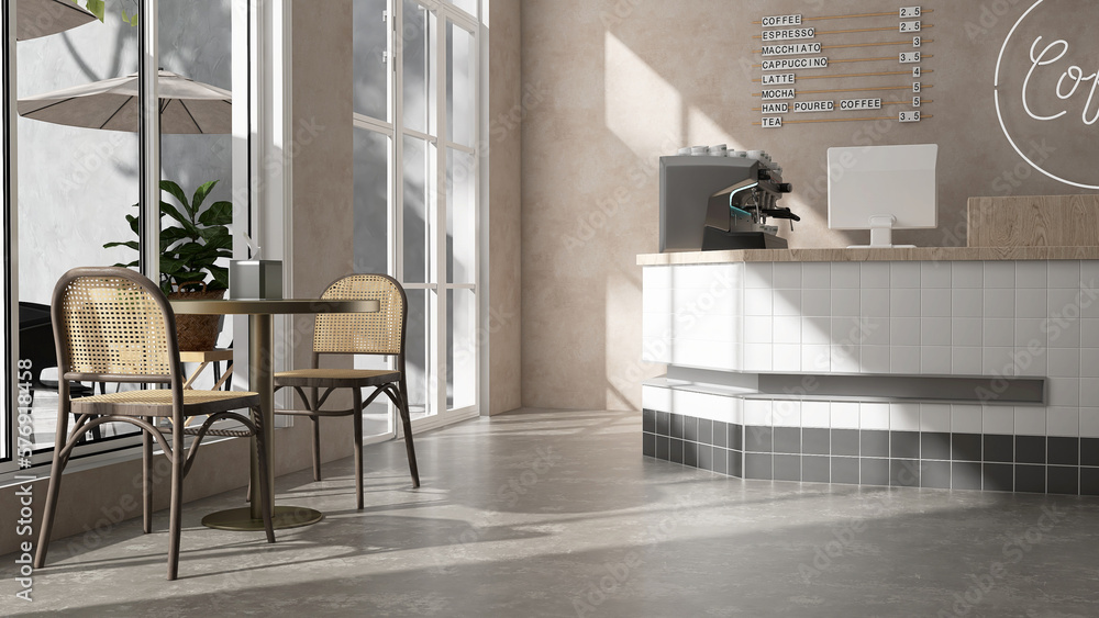 Modern design cafe, white square tile counter with espresso machine, cash register, rattan chair, co