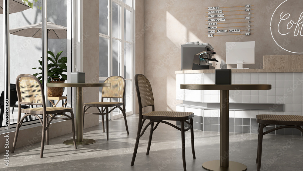 Modern design cafe, white square tile counter with espresso machine, cash register, rattan chair, co