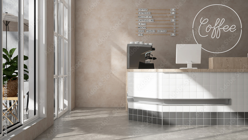 Modern design cafe, white square tile counter with espresso machine, cash register in sunlight from 