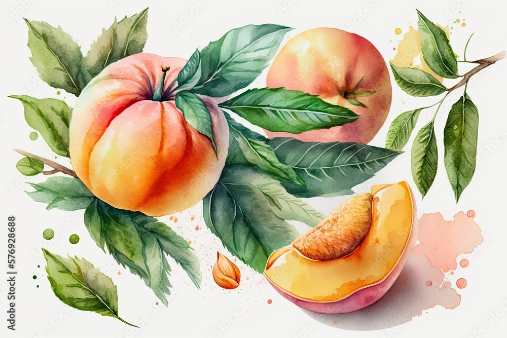 Sweet and delicious peach watercolor, fresh peach on white backdrop, Japanese delectable peaches on 