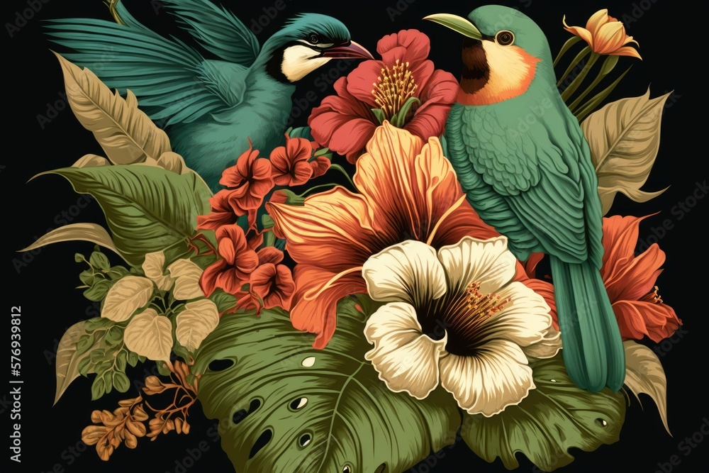 tropical flower bouquet . Beautiful hibiscus, palm, and bird of paradise flowers in a vintage Hawaii