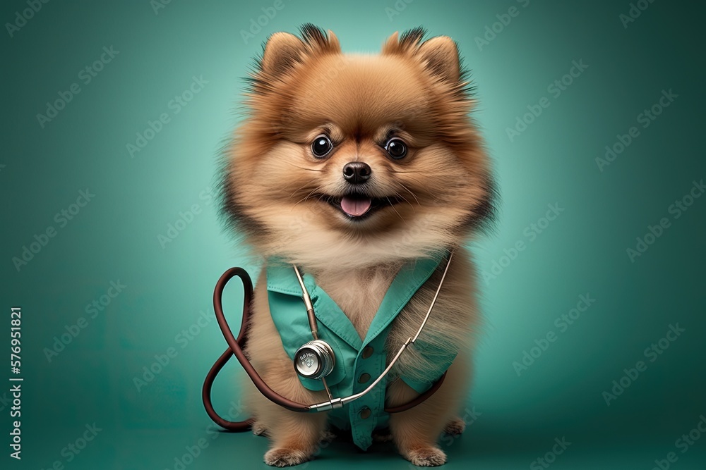 Studio portrait of a cute pomeranian dog dressed as a doctor, complete with stethoscope and blue bac