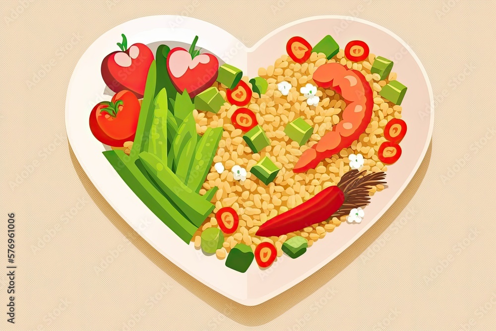 Illustration of a heart shaped plate of fried rice topped with shrimp, carrots, tomatoes, green peas