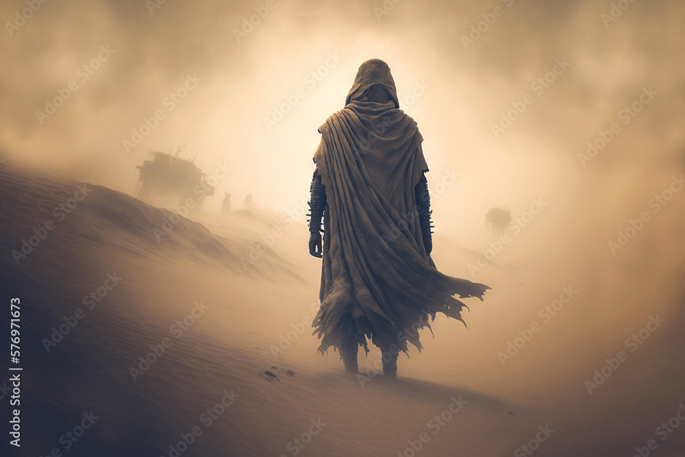 Man in coat stand in a desert sands during the storm. Sand in a air, dusty mist. Generative AI