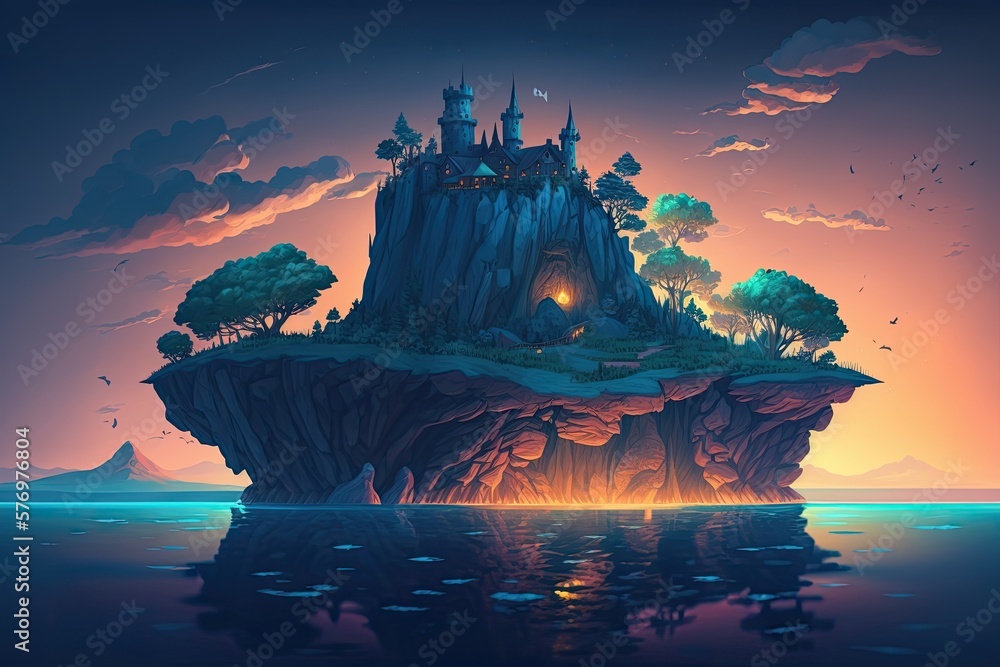 Fantasy story. At dusk, a castle and a settlement rise out of the water from a stump. Generative AI