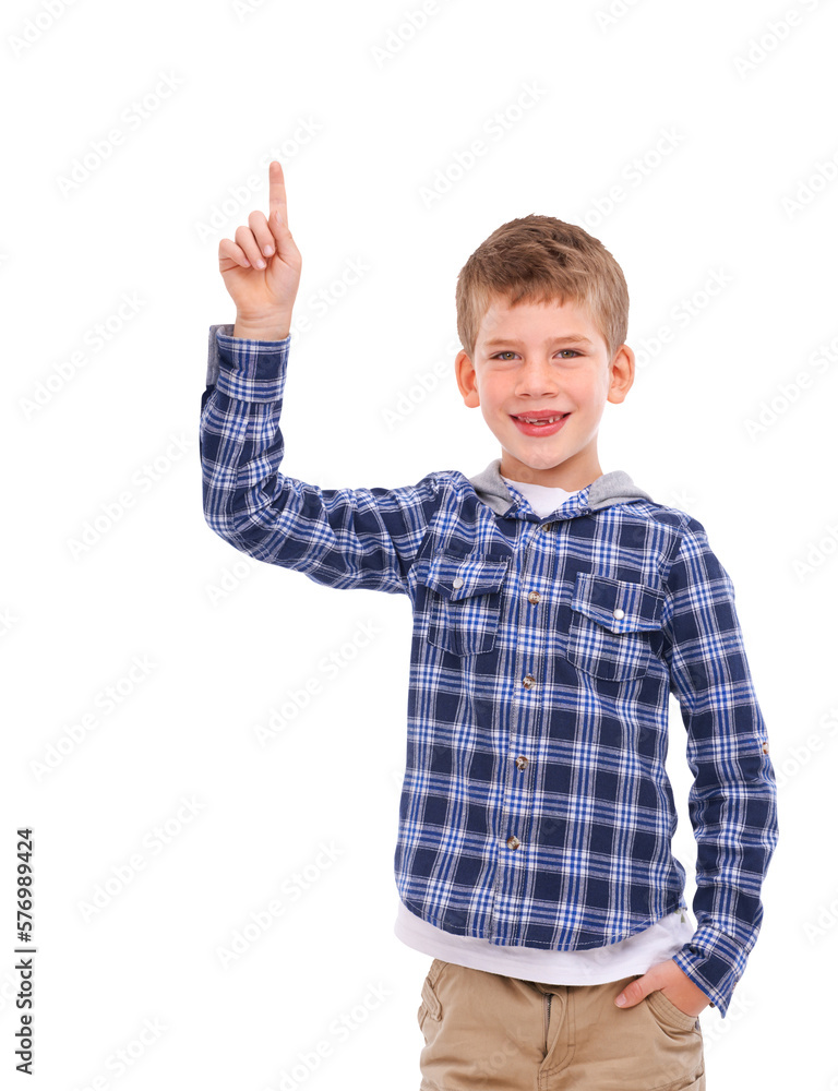 A cute and friendly child with his hands pointing towards an idea or a blank space, exuding an optim