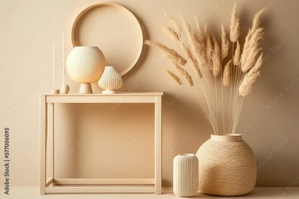 Mockup of a light biege wooden console, dried pampas grass, and a wicker basket lamp on a warm white