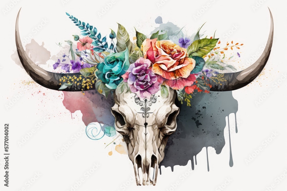 On a white background, a bulls head is adorned with a bouquet and feathers in a watercolor painting