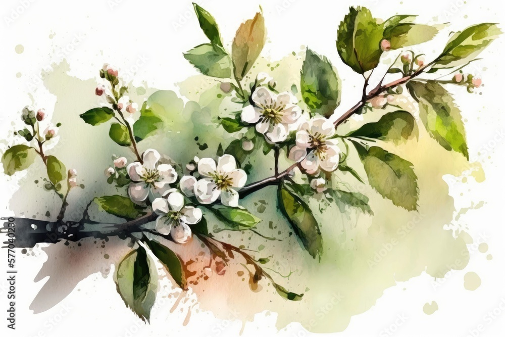 A slender apple tree limb covered in blossoms and leaves. Beautiful blossoms in the spring. Painting
