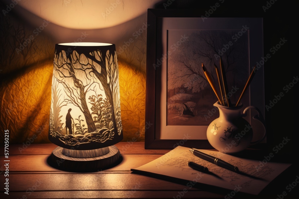 Scene of a warmly lit decorative nook cast by a table lamp. Generative AI