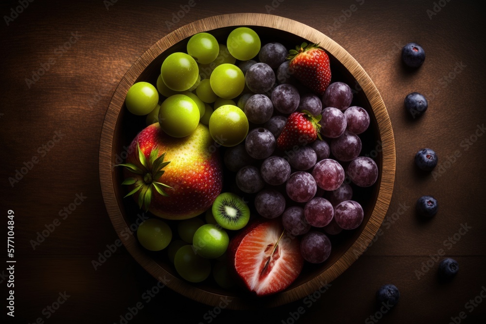 Grapes, strawberries, plums, and nectarine in a bowl with a slice of lemon on top; shot from above o