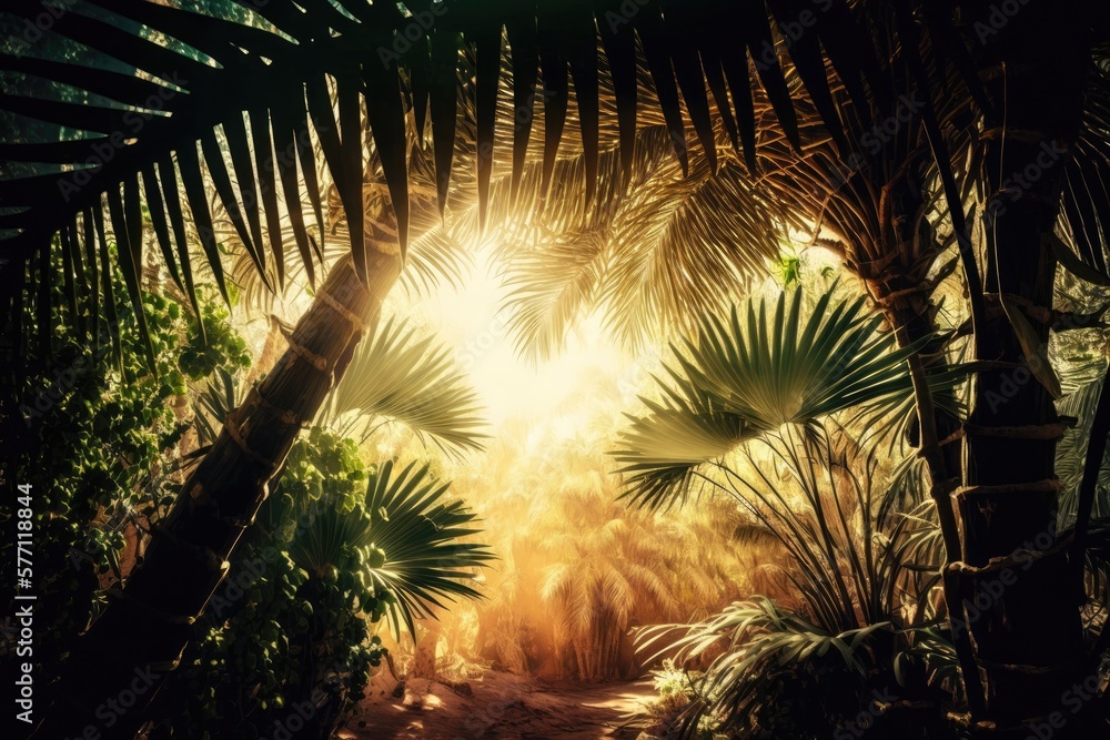 Sunset in a tropical palm grove; sunrays filtering through the leaves; shadows. Green oasis surround