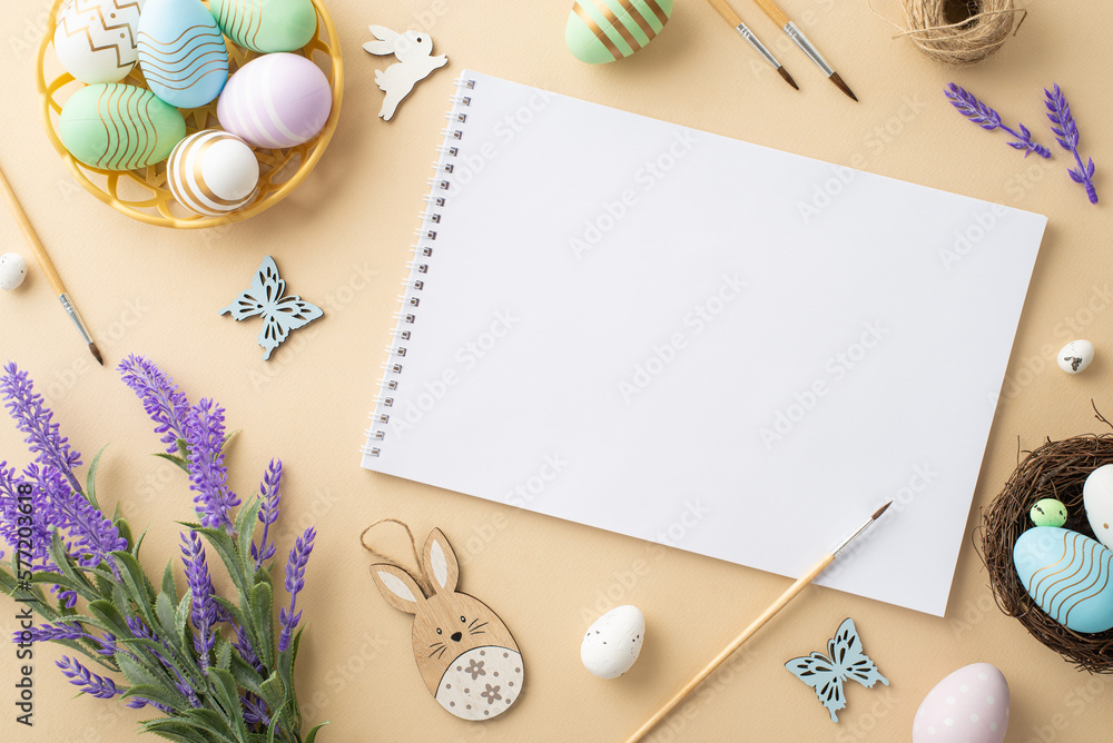 Easter concept. Top view photo of album brushes colorful easter eggs in bowl wooden decorative bunni