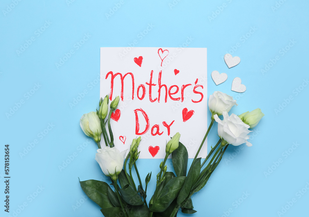 Card with text MOTHERS DAY and beautiful eustoma flowers on color background