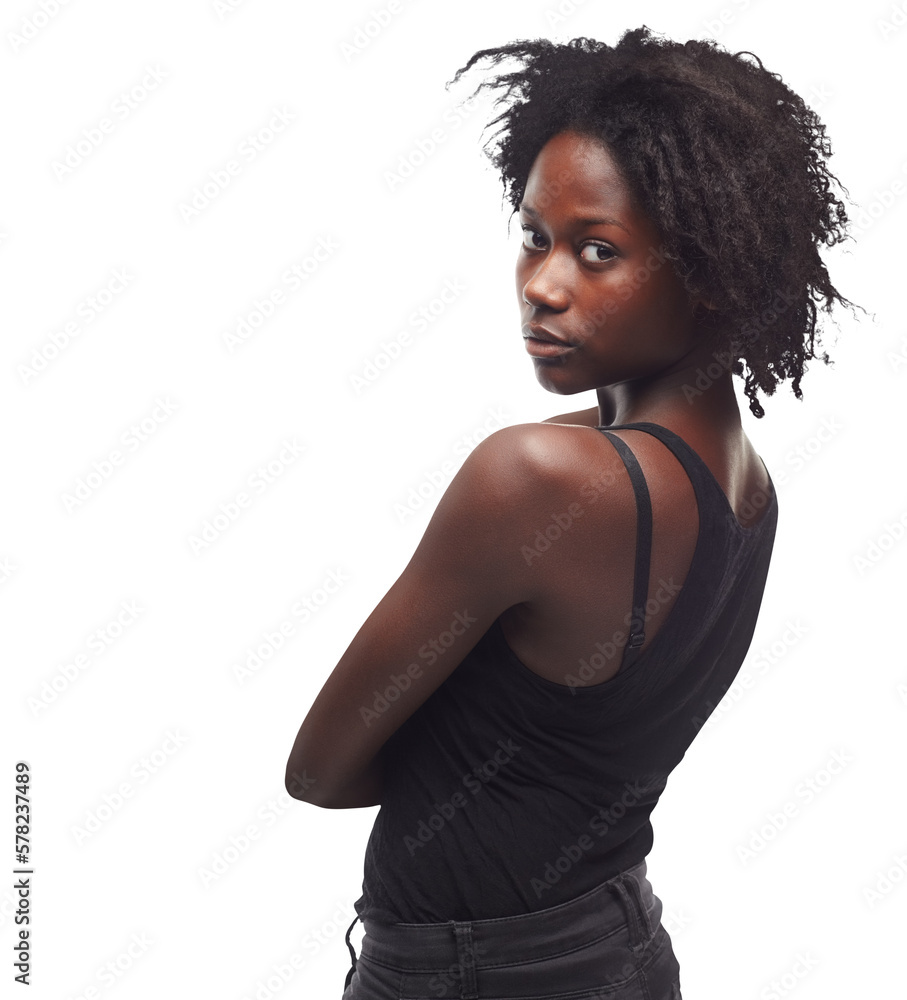 The African black woman from Jamaica slightly leans back confidently, radiating natural beauty and a