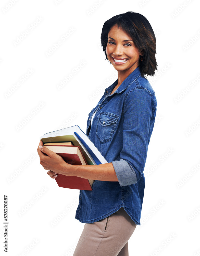 A The black woman is enthusiastic about learning new creative skills at university and holds books a