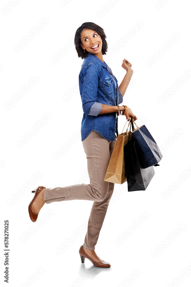 A contented salesgirl or black woman displays excitement for fashion shopping with attractive discou