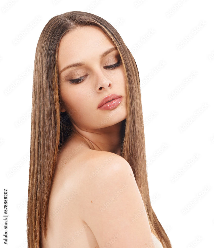 An elegant woman with beautiful makeup and long hair, looking down and exuding an overall sense of b