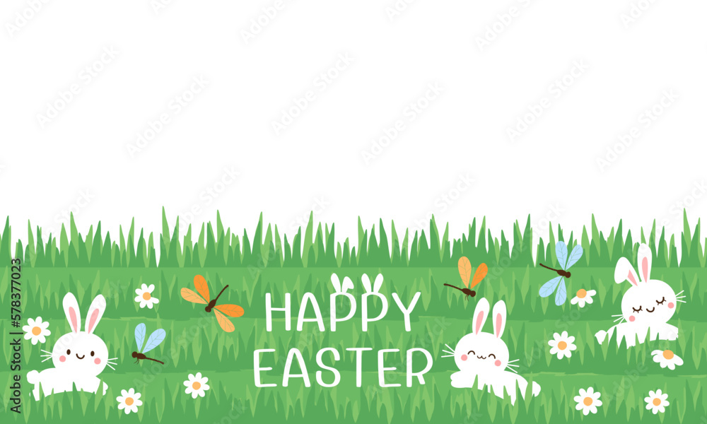 Happy Easter wallpaper with bunny rabbit cartoons, dragonflies on green field background vector.