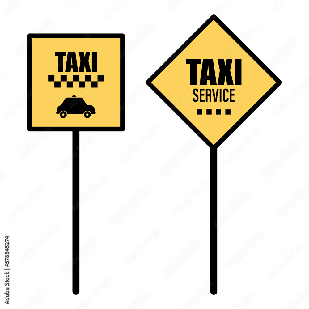 Yellow taxi traffic signs on white background