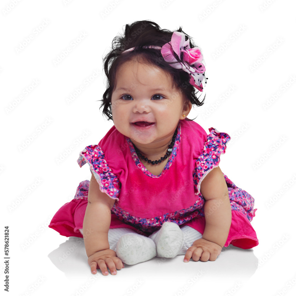A delightful young baby girl, exuding innocence and joy, sitting playfully and beaming with an adora