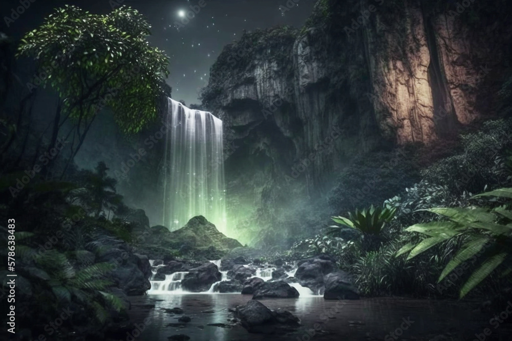 A starry night with a majestic waterfall surrounded by exuberant greenery, generative ai