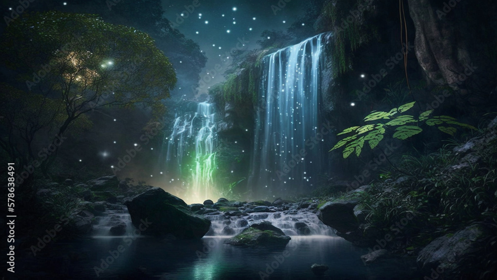 A starry night with a majestic waterfall surrounded by exuberant greenery, generative ai