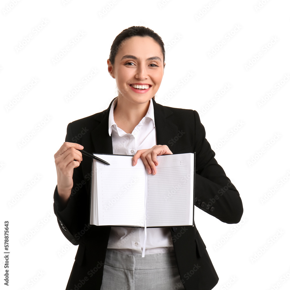 Female business consultant with notebook on white background