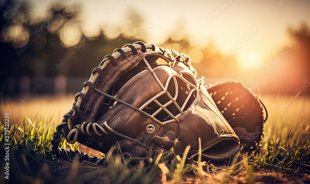  a catchers mitt sitting in the grass with the sun setting in the background and a field of grass wi
