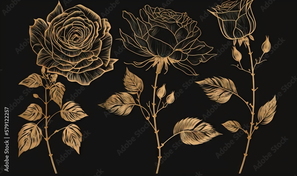  a drawing of a rose with leaves and buds on a black background with a gold foil effect on the edges