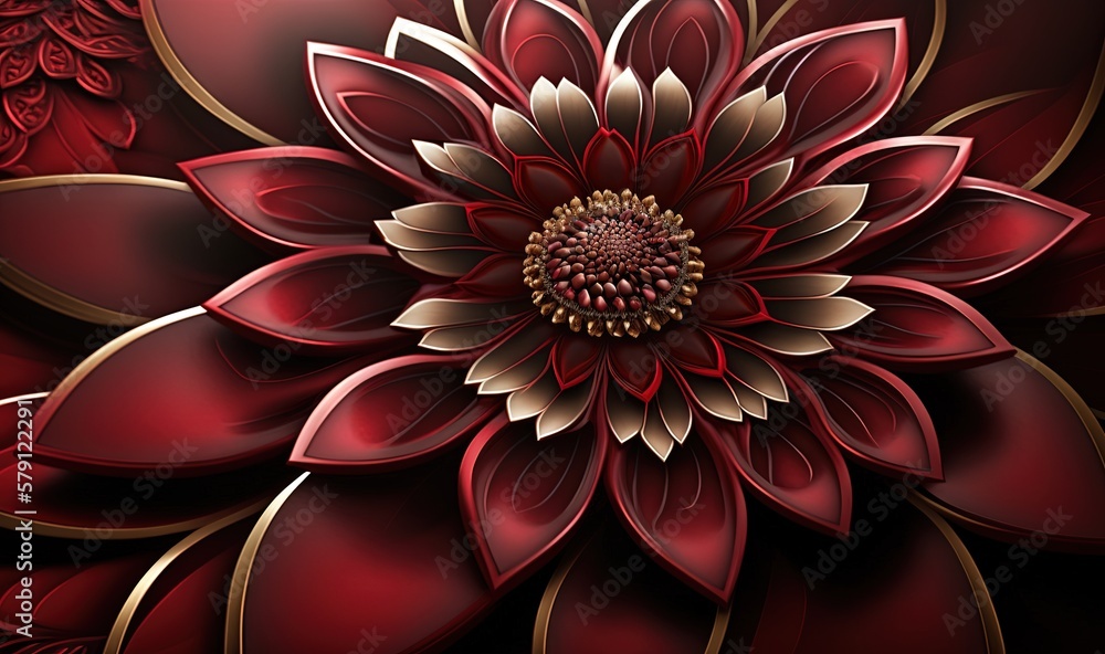  a large red flower with gold accents on a black and red background with a gold center and a center 