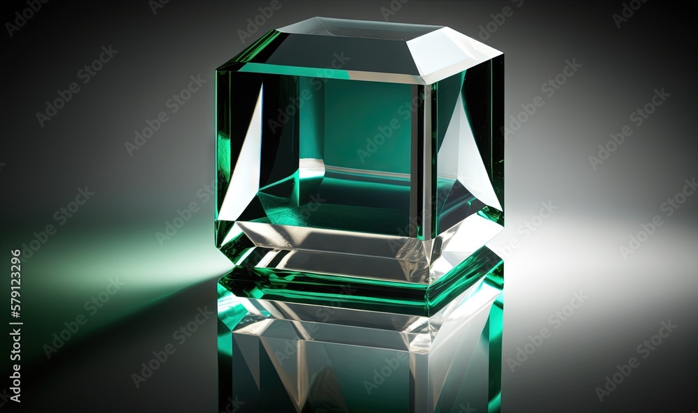  a green glass object with a reflection on the ground in the dark room with the light coming through