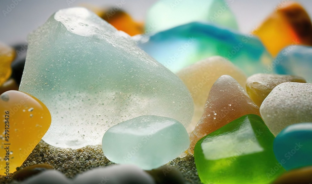  a bunch of different colored glass rocks on a beach with water droplets on them and sand on the bot